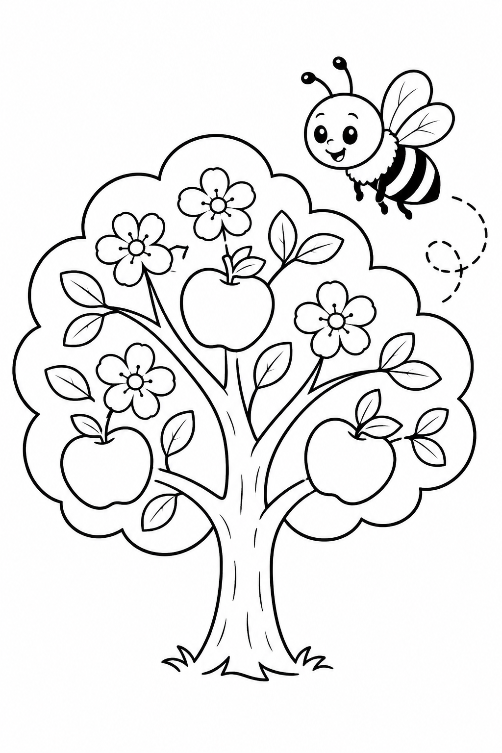 Biene fliegt um Apfelbaum Ausmalbild