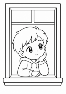Anime-Charakter schaut aus dem Fenster