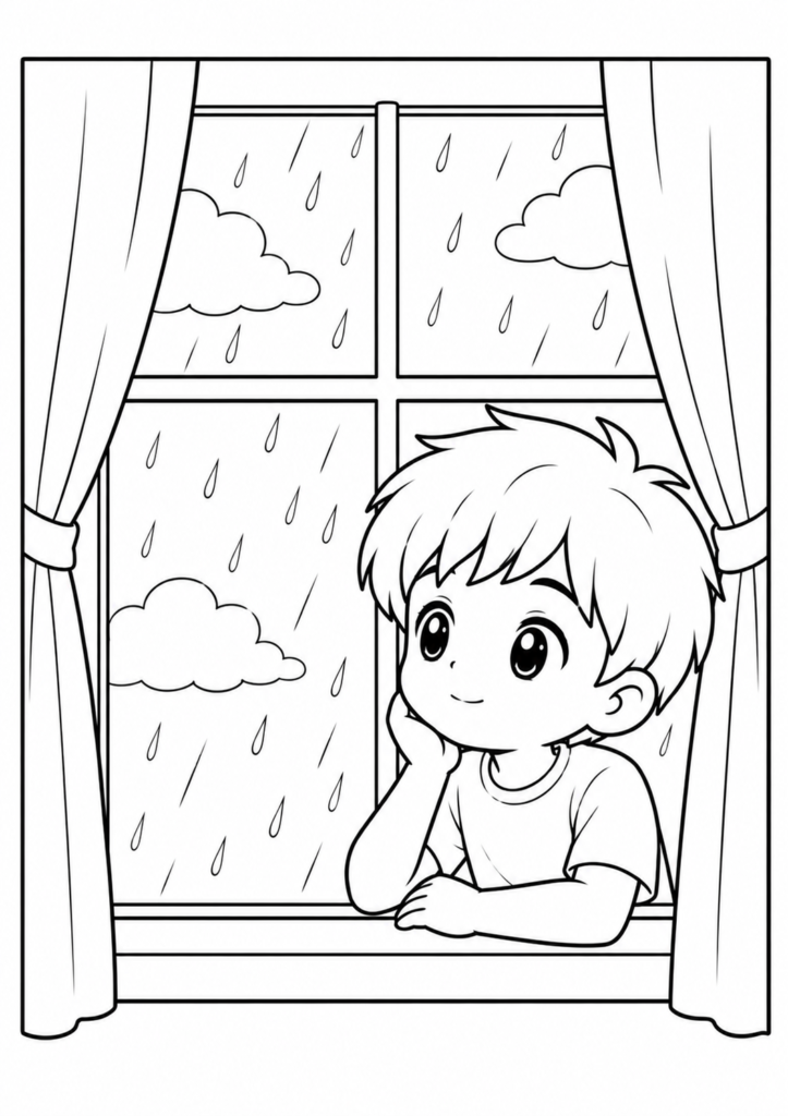 Anime Junge blickt aus dem Fenster
