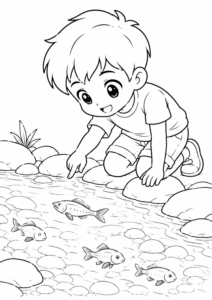 Anime Junge beobachtet Fische im Bach