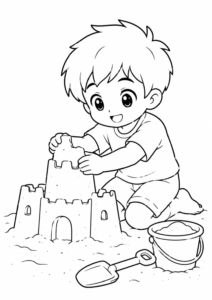 Anime Junge baut Sandburg