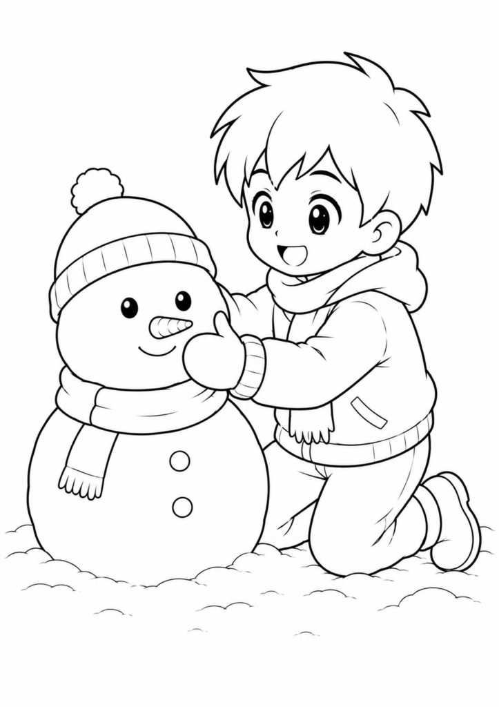 Anime Junge baut Schneemann