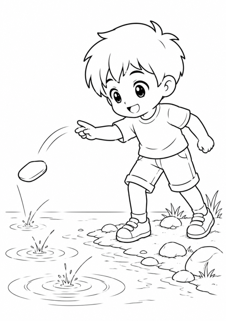 Anime Junge lässt Steine über Wasser hüpfen