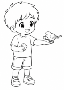 Anime Junge füttert Vogel