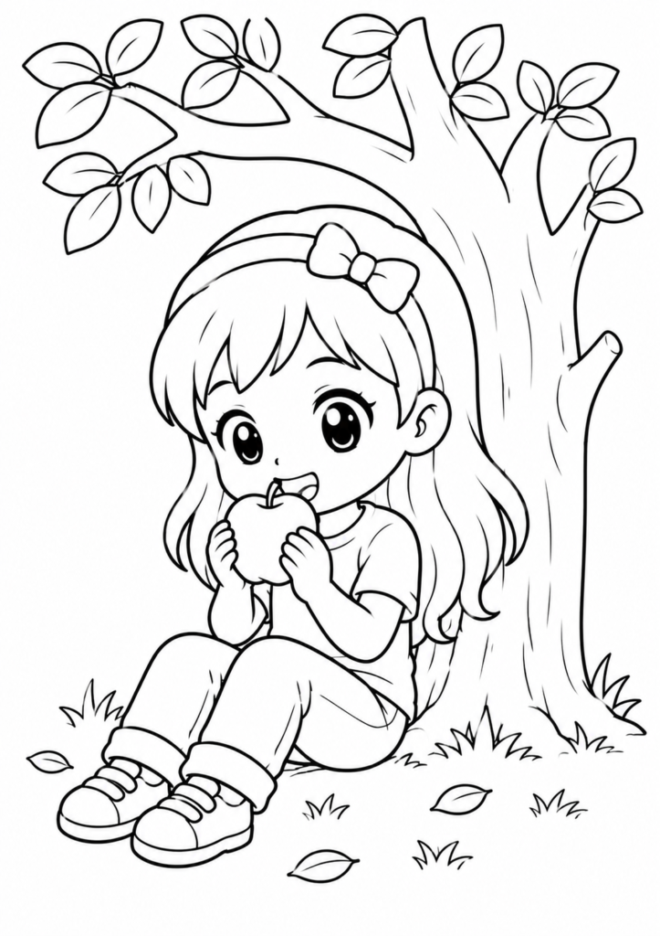 Anime Mädchen isst Apfel unter Baum