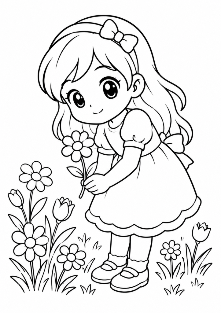 Anime Mädchen beim Blumenpflücken