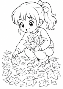 Anime Mädchen sammelt Herbstblätter