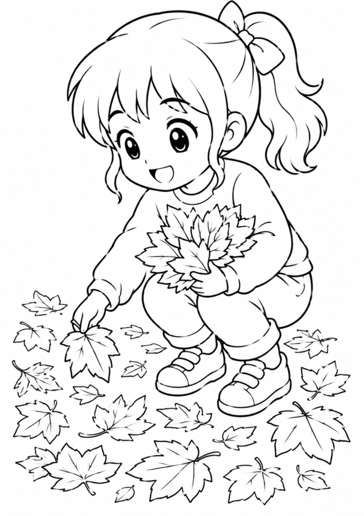 Anime Mädchen sammelt Herbstblätter