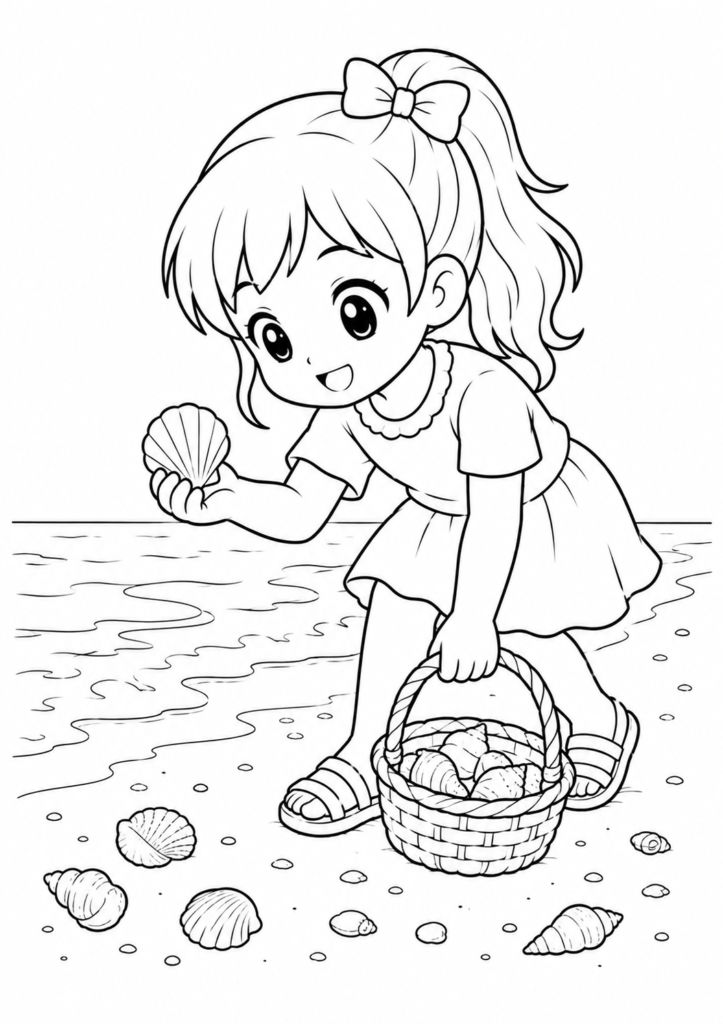 Anime Mädchen sammelt Muscheln