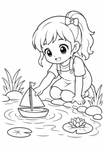 Anime Mädchen spielt mit Spielzeugboot