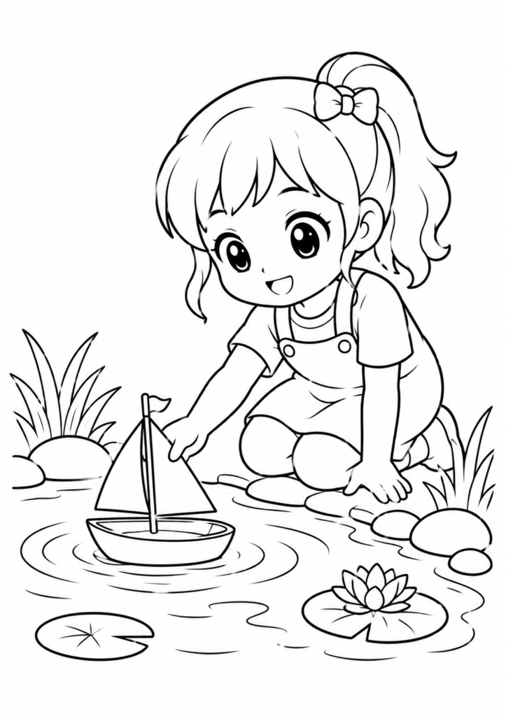 Anime Mädchen spielt mit Spielzeugboot