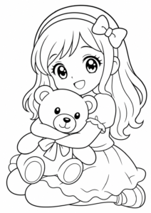 Anime-Mädchen umarmt einen Teddybär