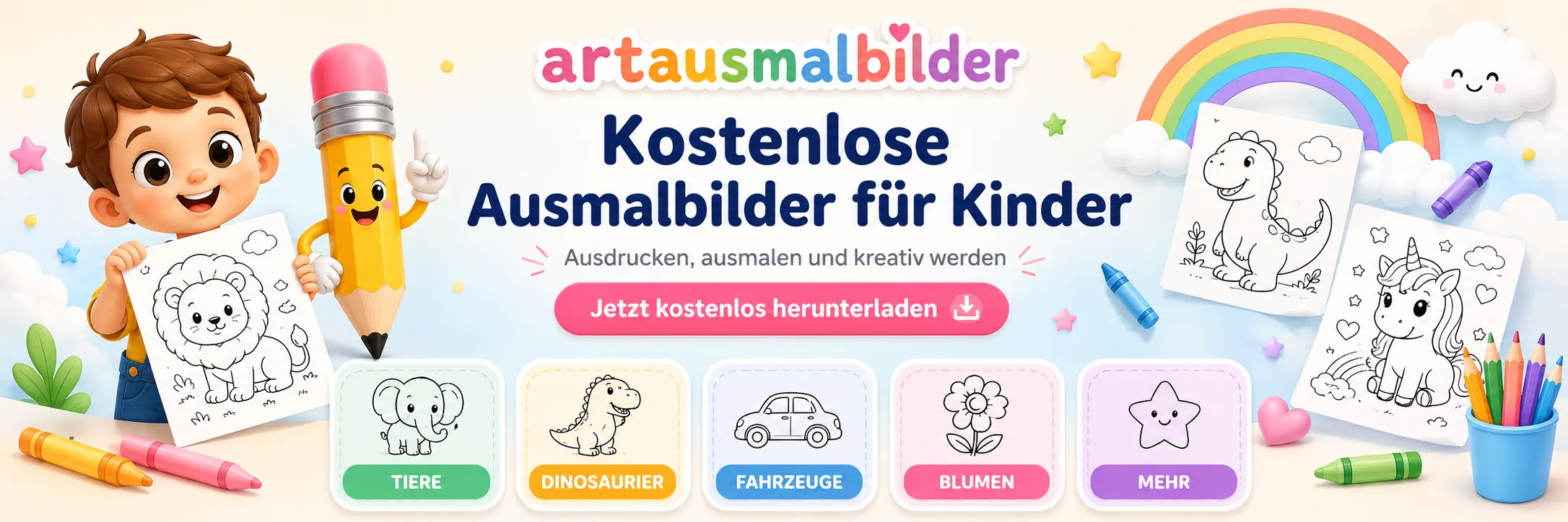 ArtAusmalbilder Hero Banner: Kostenlose Ausmalbilder für Kinder