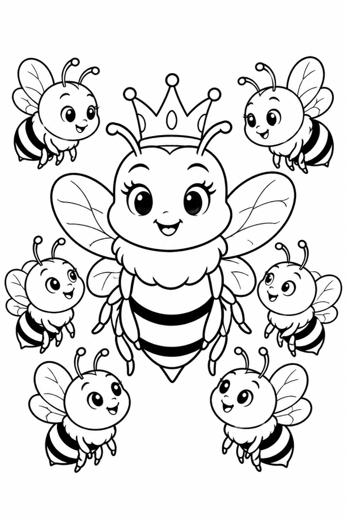 Bienenkönigin mit freundlichen Arbeiterbienen Ausmalbild