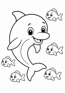Delfin schwimmt mit kleinen Fischen