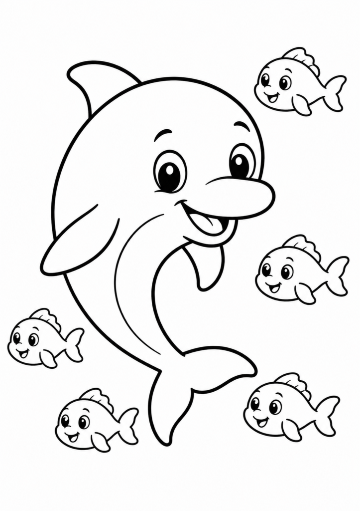 Delfin schwimmt mit kleinen Fischen