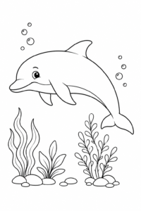 Delfin schwimmt unter Wasserpflanzen