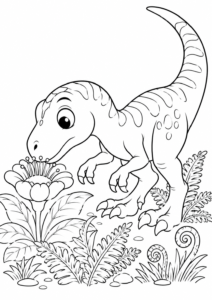 Velociraptor schnüffelt an Blume