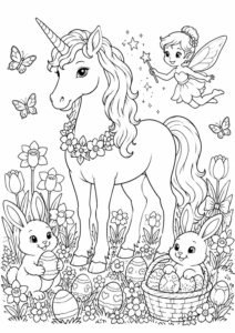 Einhorn Ausmalbild zu Ostern mit Osterhase