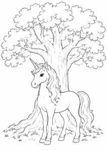 Einhorn unter einem Baum Ausmalbild