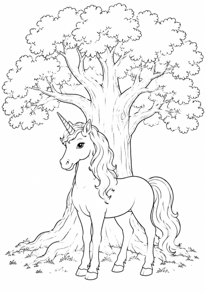 Einhorn unter einem Baum Ausmalbild