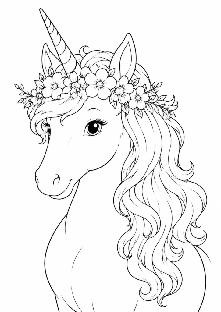 Einhorn mit Blumenkranz Ausmalbild