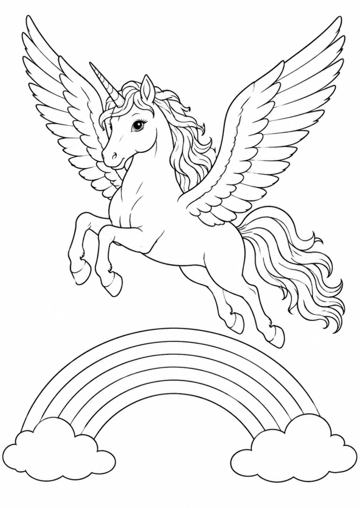 Fliegendes Einhorn mit Regenbogen Ausmalbild