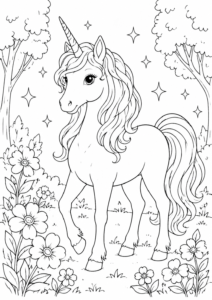 Einhorn im Märchenwald Ausmalbild