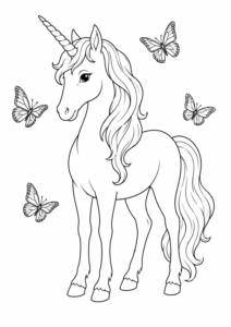 Einhorn mit Schmetterlingen Ausmalbild