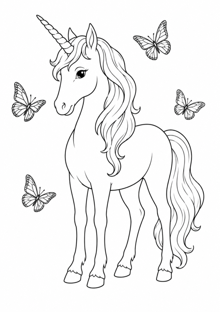 Einhorn mit Schmetterlingen Ausmalbild