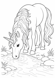 Einhorn trinkt an einem Bach