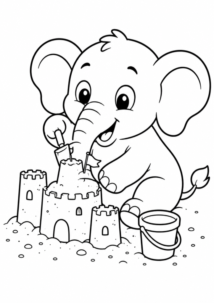 Elefant baut eine Sandburg am Strand