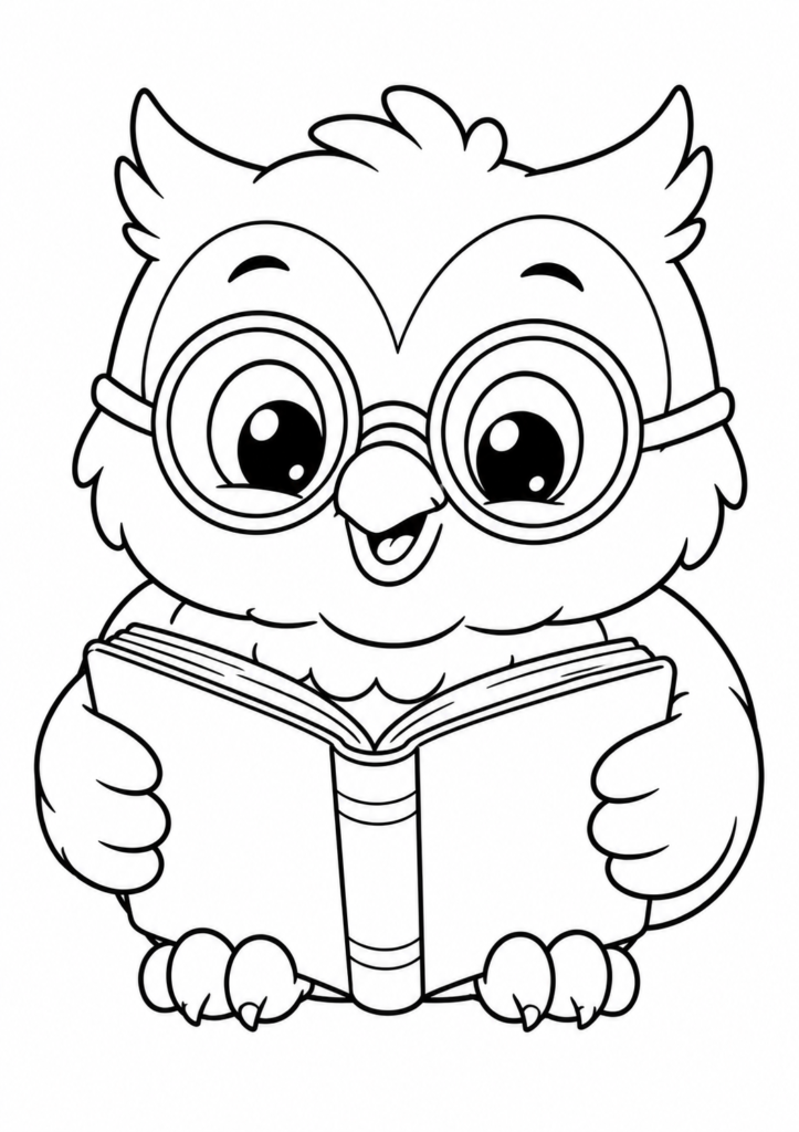 Kluge Eule mit Brille liest ein Buch