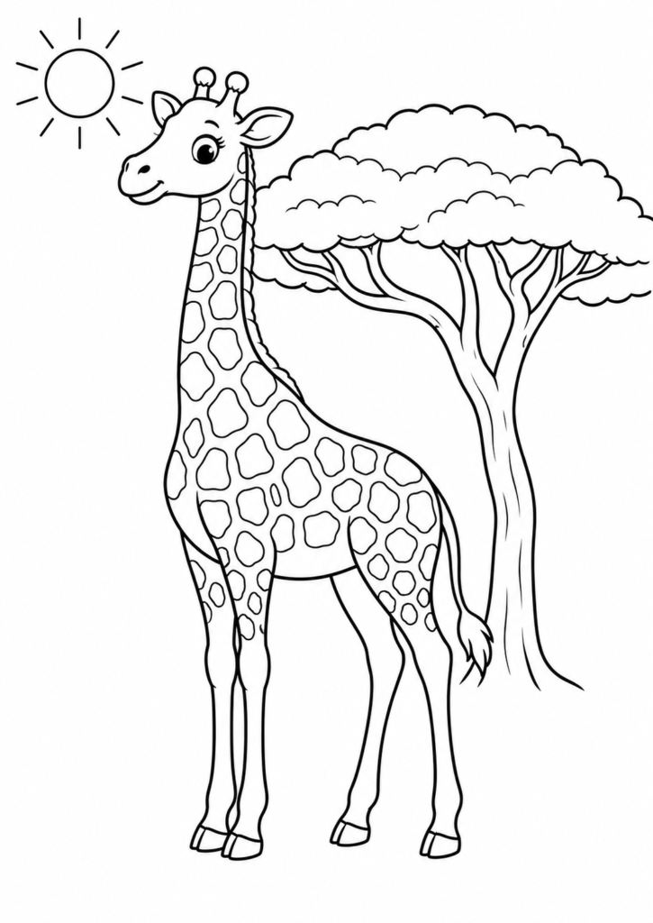 Giraffen Ausmalbilder – Freundliche Giraffe unter einem Akazienbaum