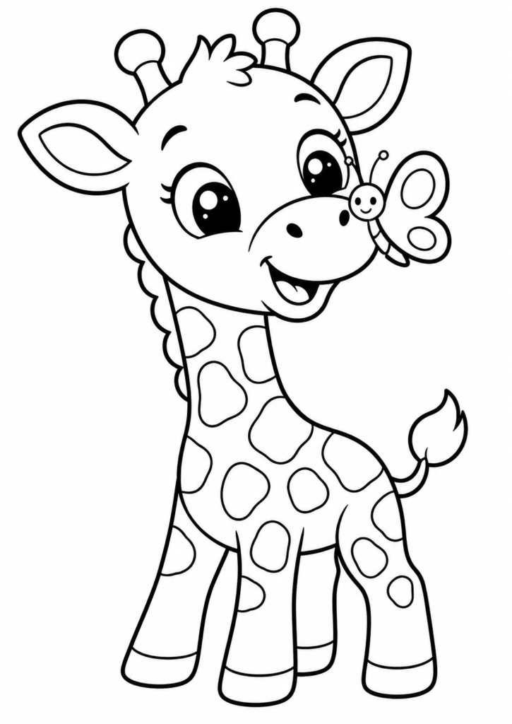 Niedliche Baby-Giraffe spielt mit Schmetterling