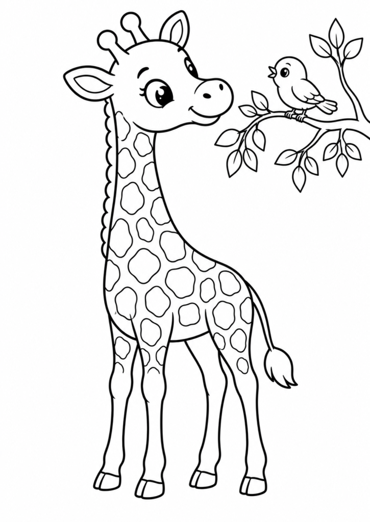 Giraffen Ausmalbilder – Freundliche Giraffe mit kleinem Vogel