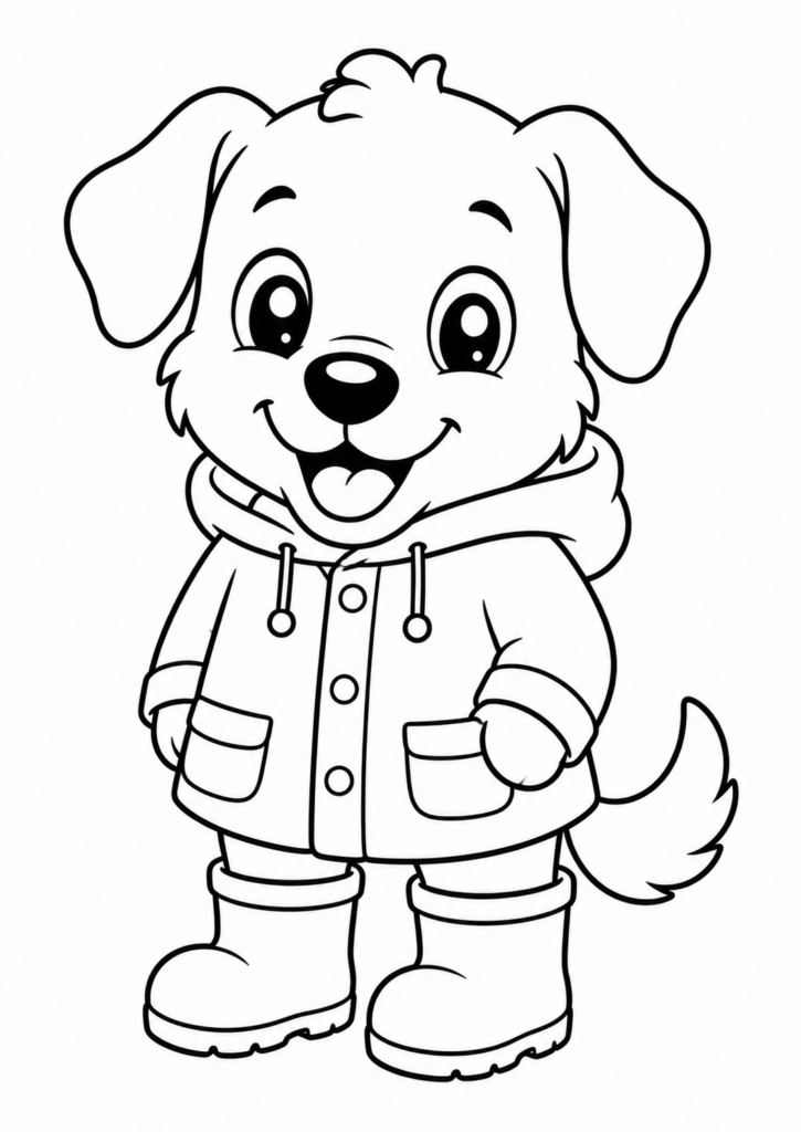 Hund im Regenmantel und Gummistiefeln