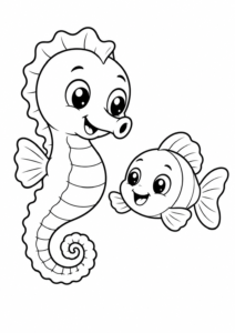 Seepferdchen und Fisch spielen Fangen