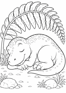 T-Rex schläft friedlich unter einem Farnblatt