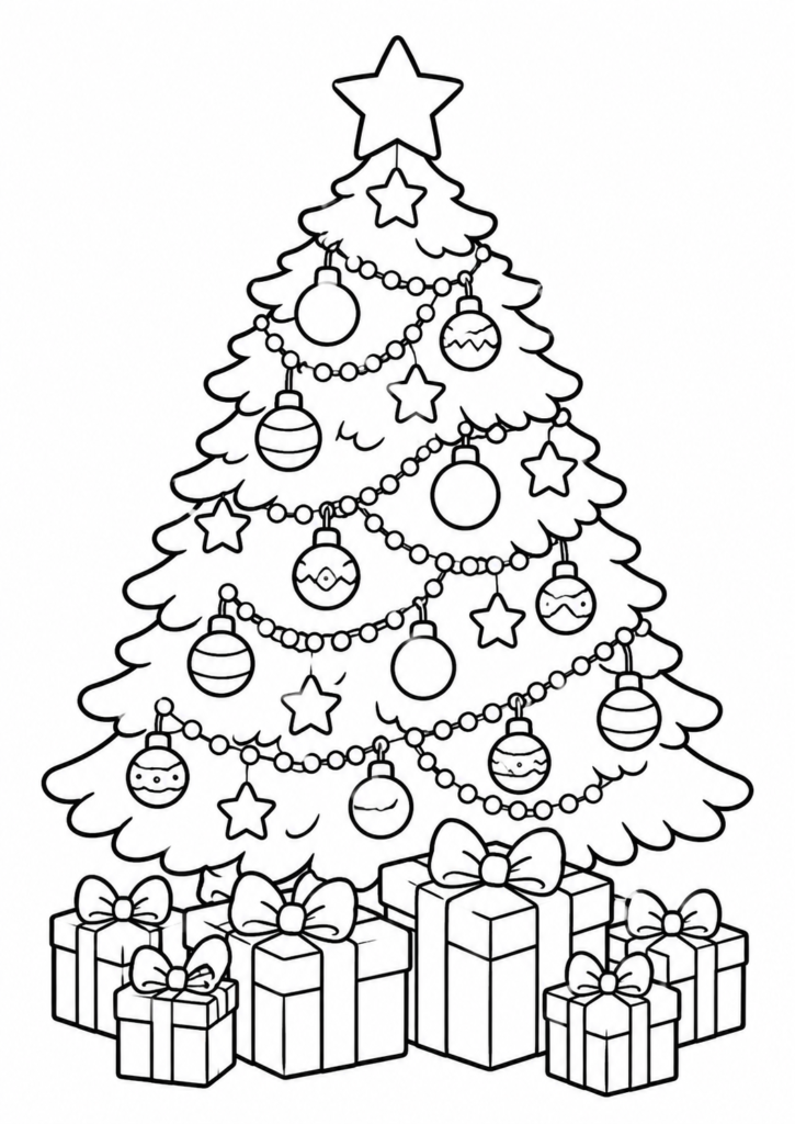 Festlich geschmückter Weihnachtsbaum zum Ausmalen