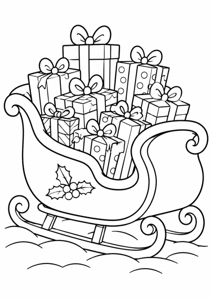 Weihnachtsschlitten voller Geschenke Malvorlage
